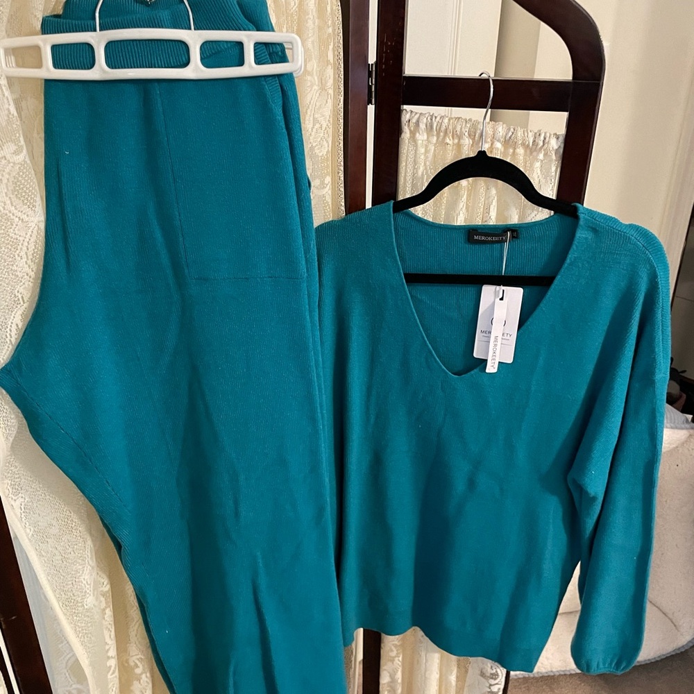 Teal V-Neck Sweater and Pants Set